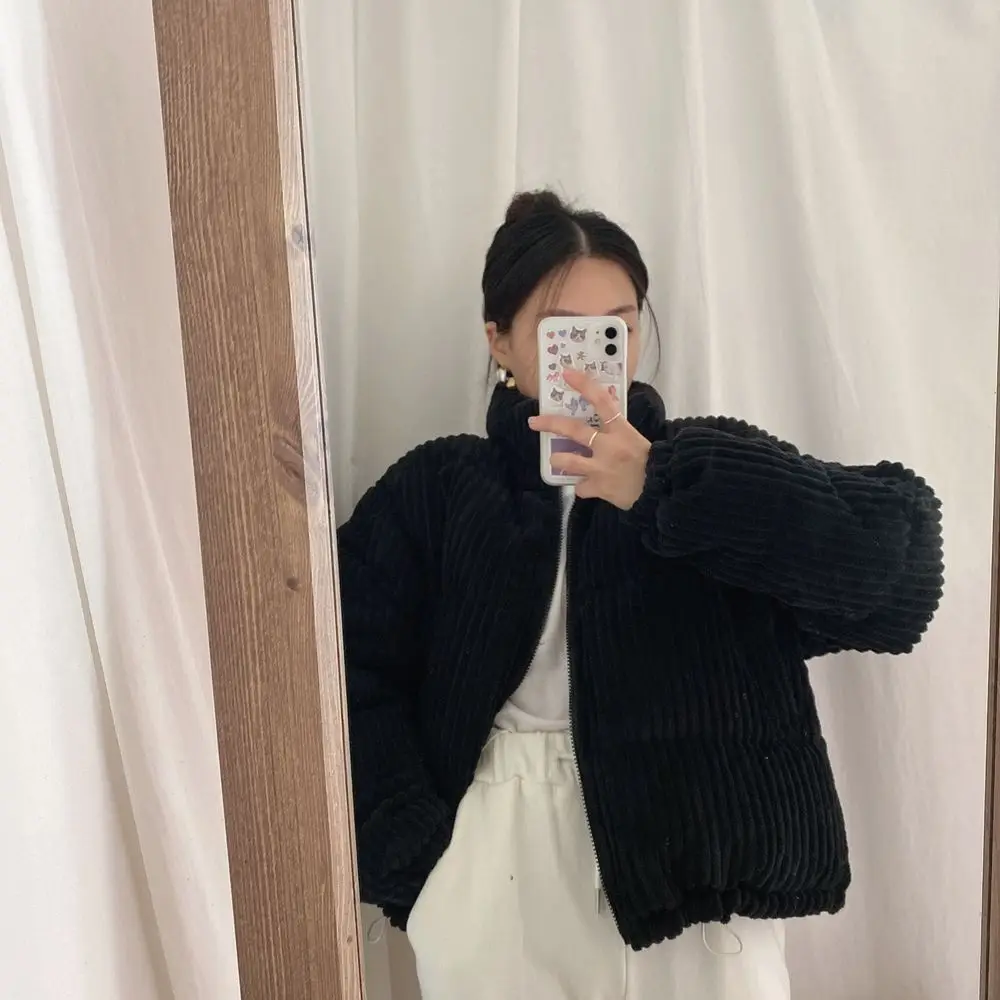 Winter Crop Corduroy Jacket Women Korean Chic Fashion Parka Femme 2022 Fashion New Thick Warm Bubble Coats Cotton Coats Parkas