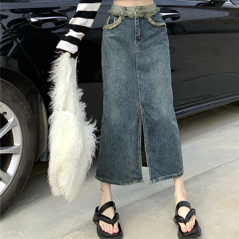 

Fashion Vintage High Waisted Raw Edge Slit Denim Skirt Mid Length Skirt Women