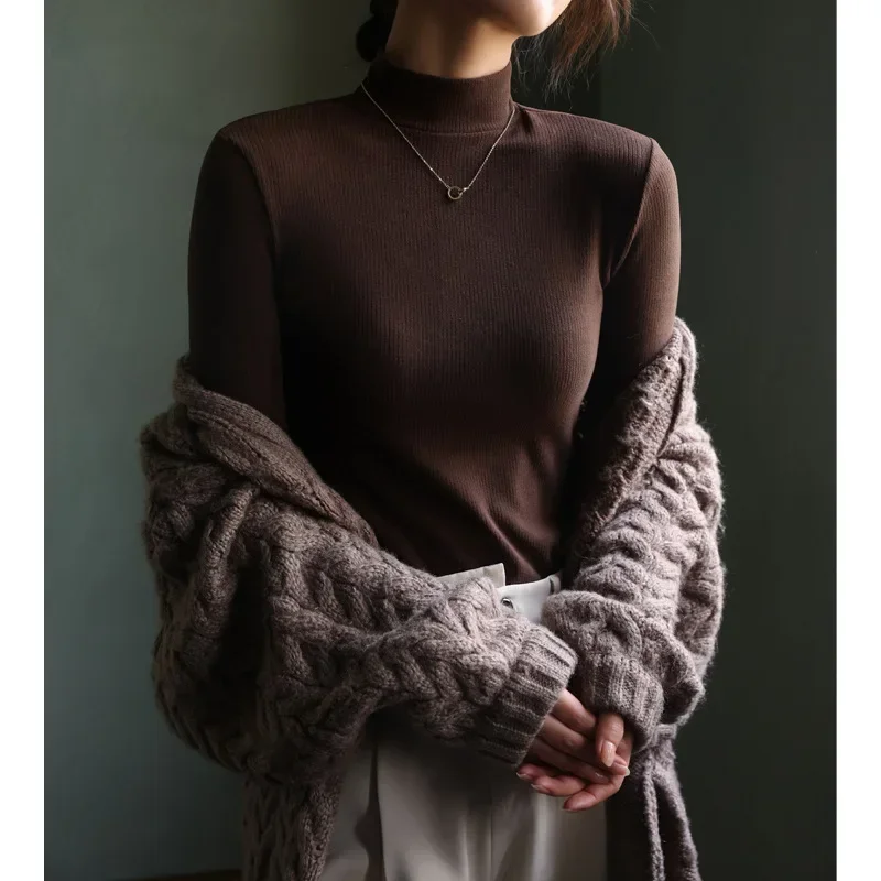 

Оптовая продажа, базовые вязаные топы с ложным воротником для женщин, осенне-зимняя простая Однотонная футболка с длинным рукавом, женские облегающие футболки с высоким поясом