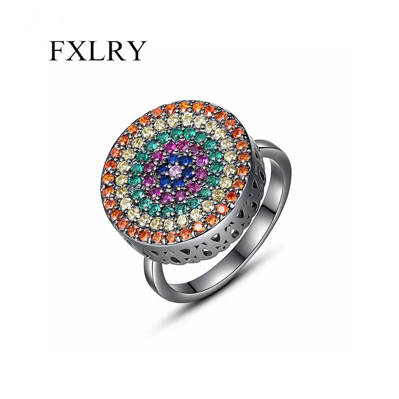 

FXLRY Fashion Designed Micro Multicolor Cubic Zirconia Opening Adjustable Punk Style Black Round Ring For Women Jewelry