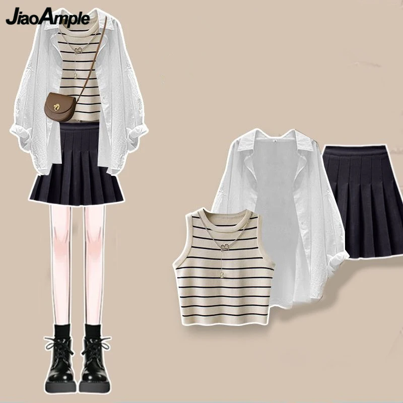 

Женский комплект из блузки и жилета, белая рубашка в полоску, мини-юбка, комплект из 1 или 3 предметов, модная Свободная блузка в Корейском стиле для весны и лета