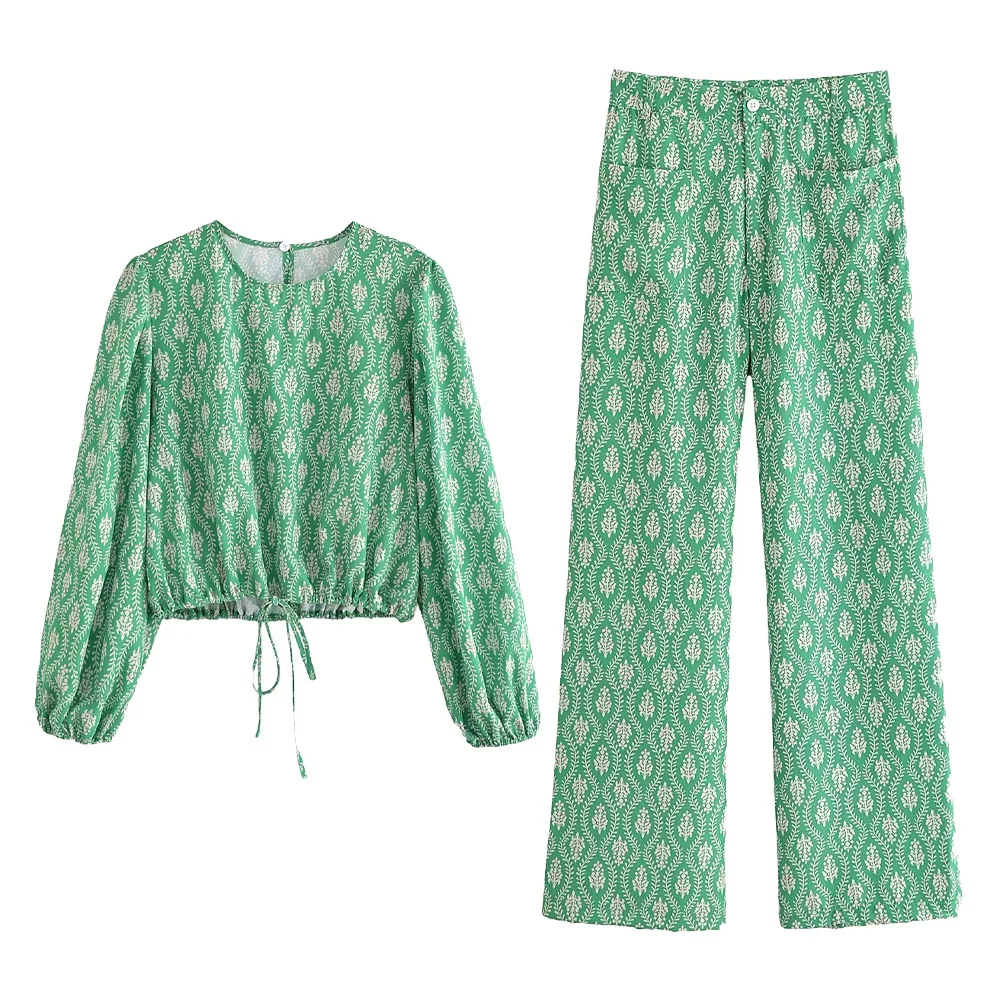 

Summer new fashion feminine casual crewneck long sleeve cotton print pleated hem shirt + high waist straight pants