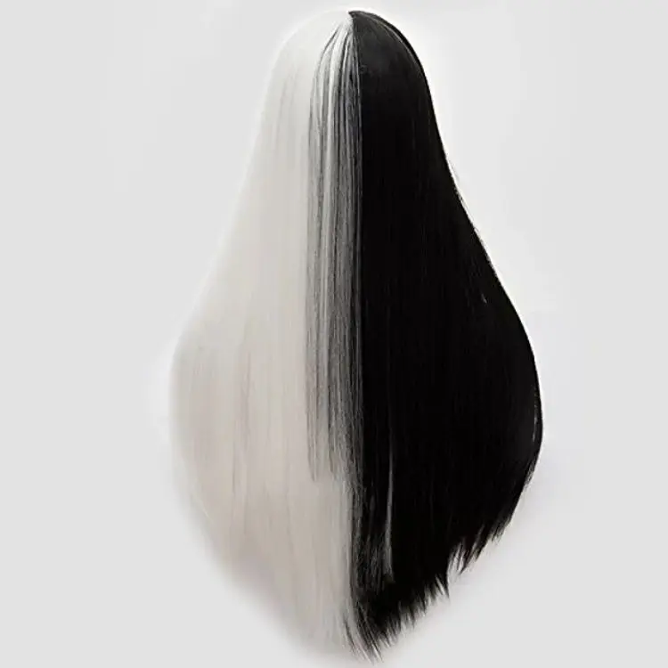 Женский прямой полубелый черный двухцветный длинный синтетический парик