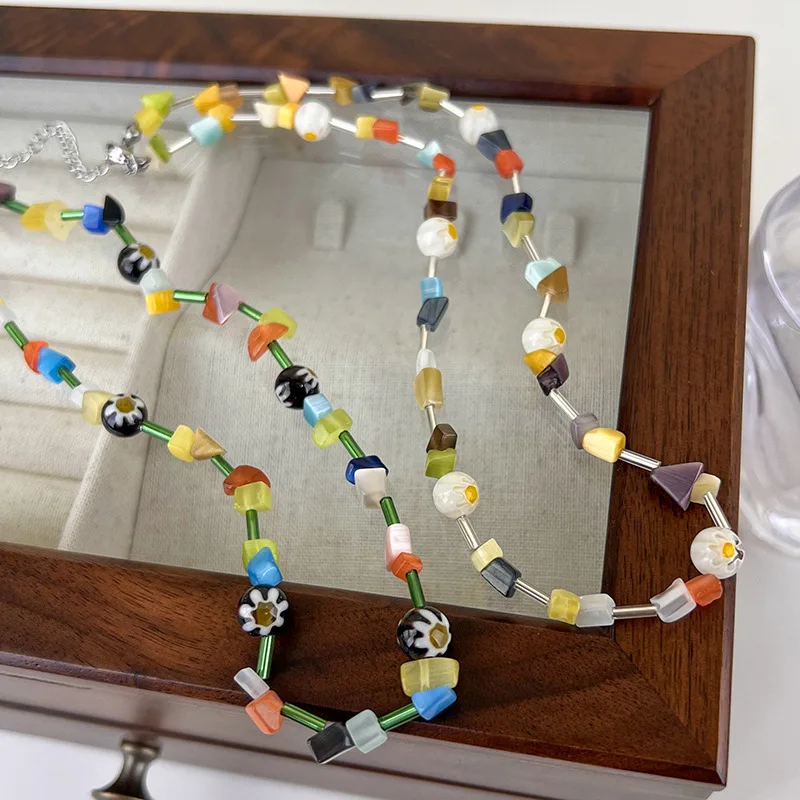 

Minar Bohemia Candy Color Glass Strand Charm Necklaces Irregular Beads Cubes Choker Necklace for Women Statement Beach Jewelry