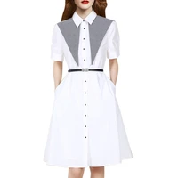 2022 summer new british style design stitching two color womens long skirt temperament elegant office buckle dress
