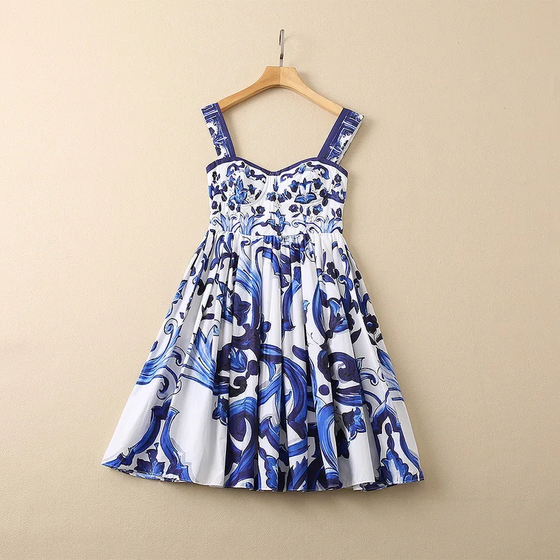 New European and American women's wear for summer 2022 Condole belt sleeveless blue court print Fashion cotton pleated dress