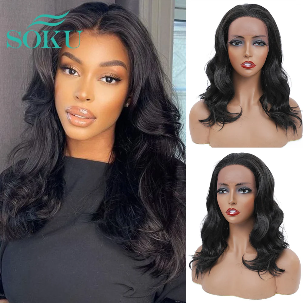 

SOKU Synthetic Lace Front Wigs Medium Wave Natural Black Free Part Lace Wig With Baby Hair Heat Resistant For Black Women Daily
