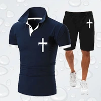 mens summer i believe in christian jesus print series solid color short sleeve suit sports short sleeve mens five pants