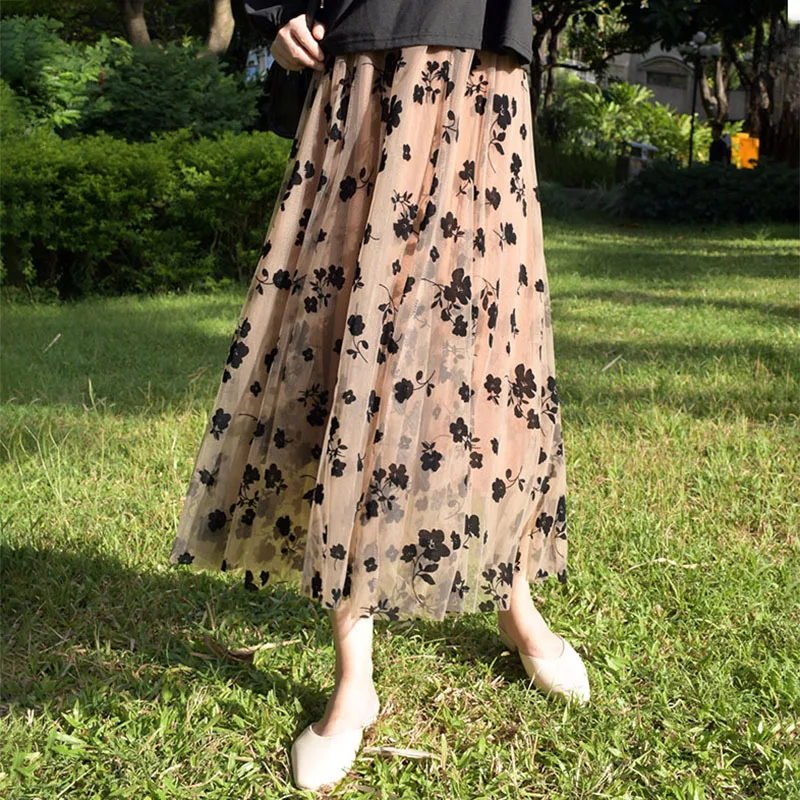 

Юбка трапециевидная женская с высокой талией, облегающая сетчатая юбка средней длины с крупным цветком, весна 2023