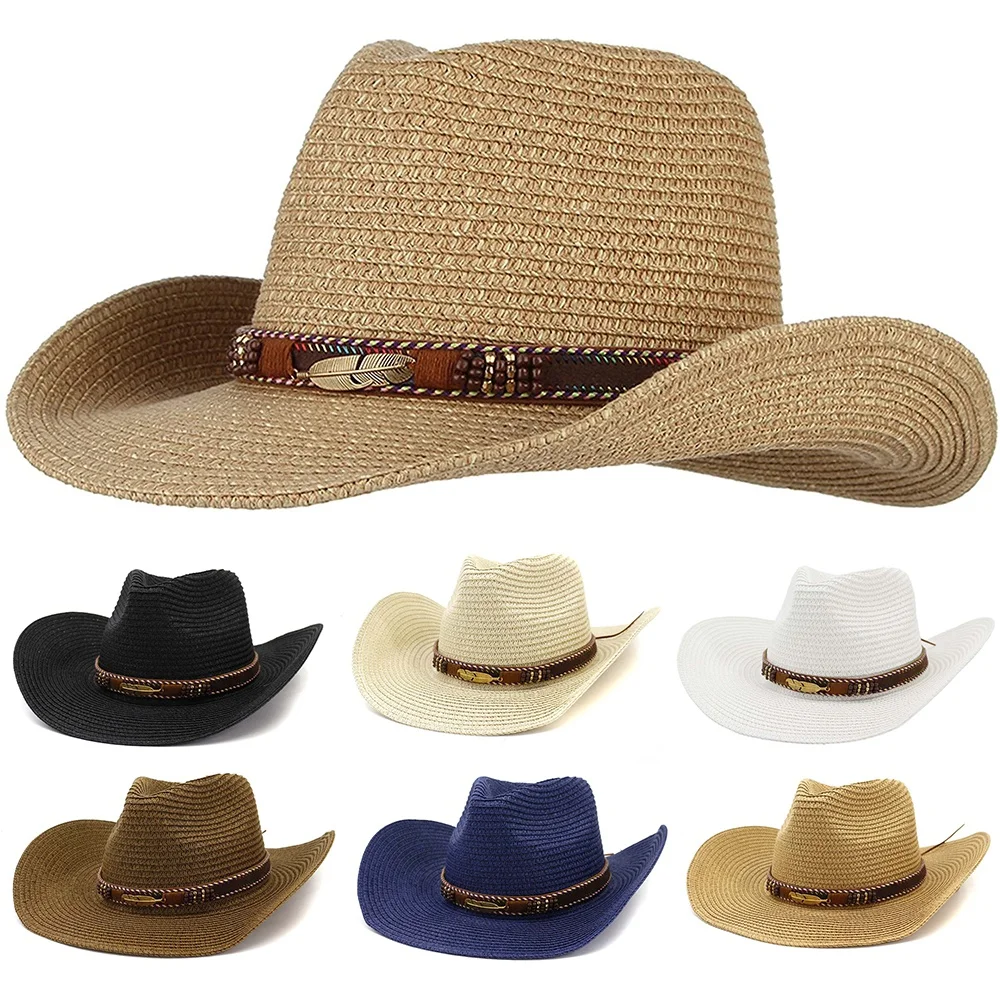 

Straw Cowboy Hat for Men's Western Style Cowboy Hat Straw Sun Hat for Beach Outdoor with Belt