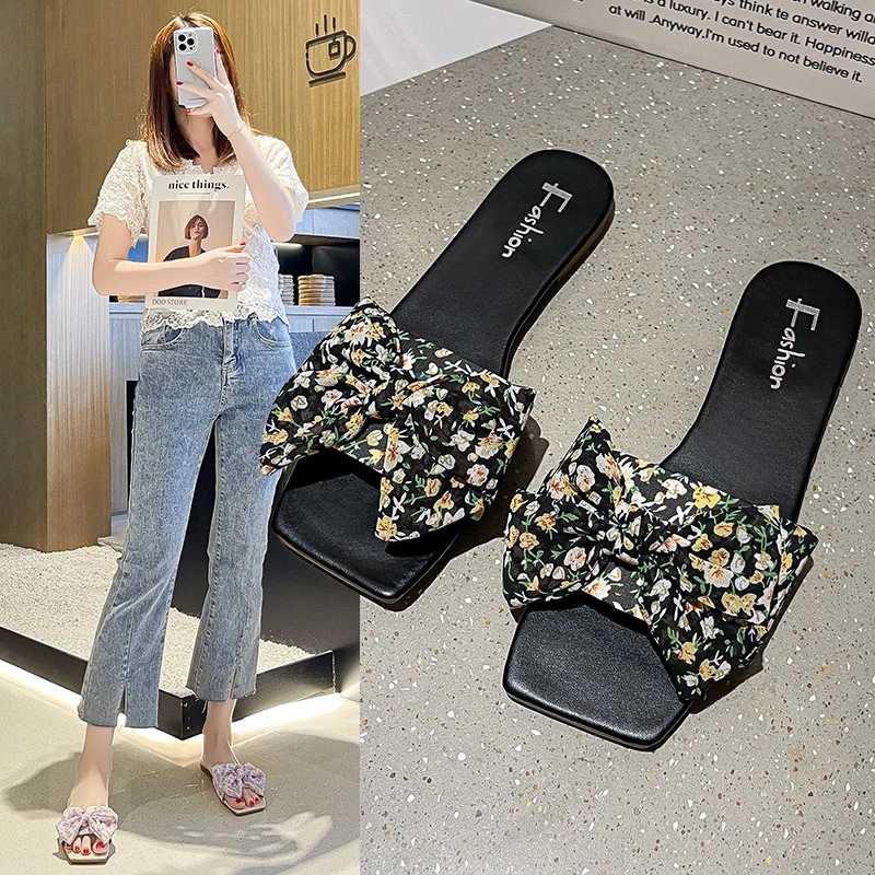 

Women's Flat Sandals Fashion Bowknot Slide Slippers Ladies Outdoor Wear Pink Black Cute Shoes