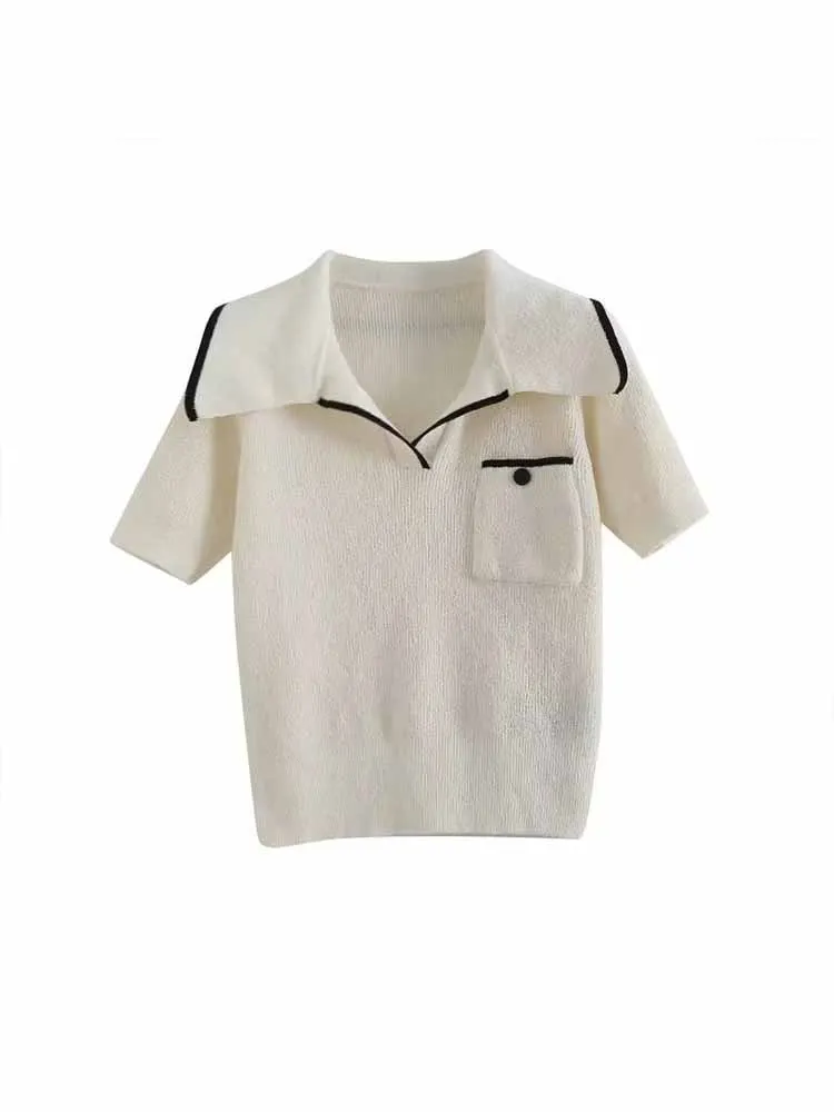 

Women New Fashion Pocket decoration Cropped Slim Knitted shirt Vintage lapel Short Sleeve Female Pullovers Chic Tops
