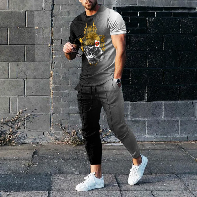 New Arrival Men's Sportswear Trousers Sets Outfit 2 Piece Sets T shirts Trousers Mens Sports Sets Short T Shirts+Long Pants Sets