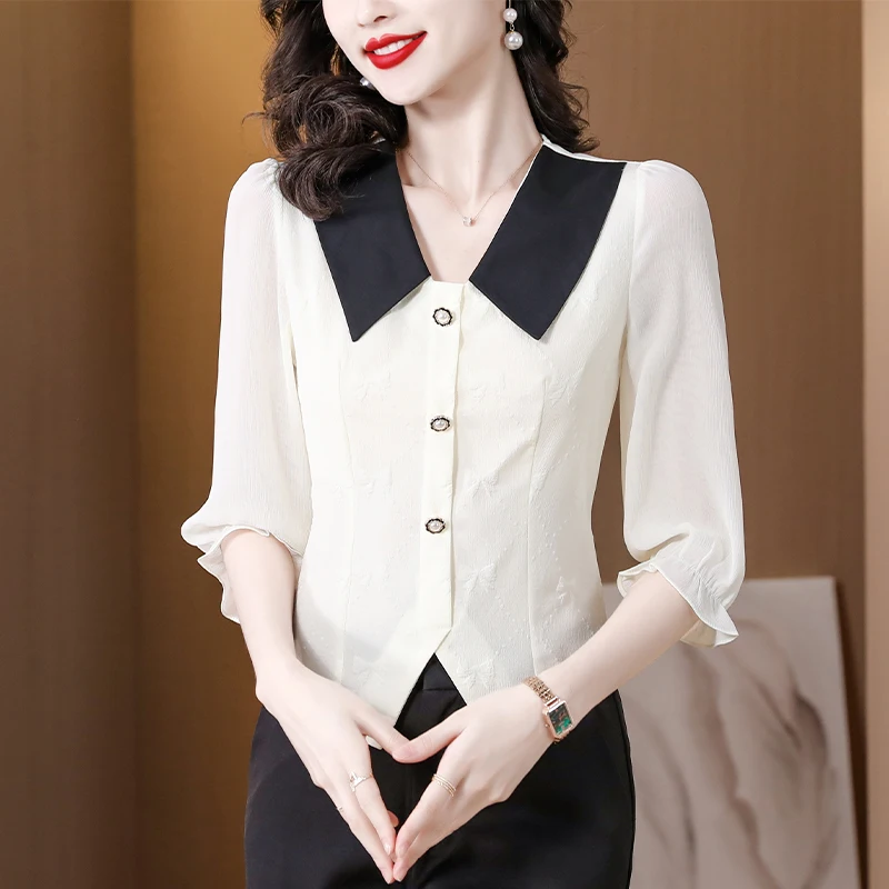 

Женская рубашка с воротником «Питер Пэн», с рукавом три четверти