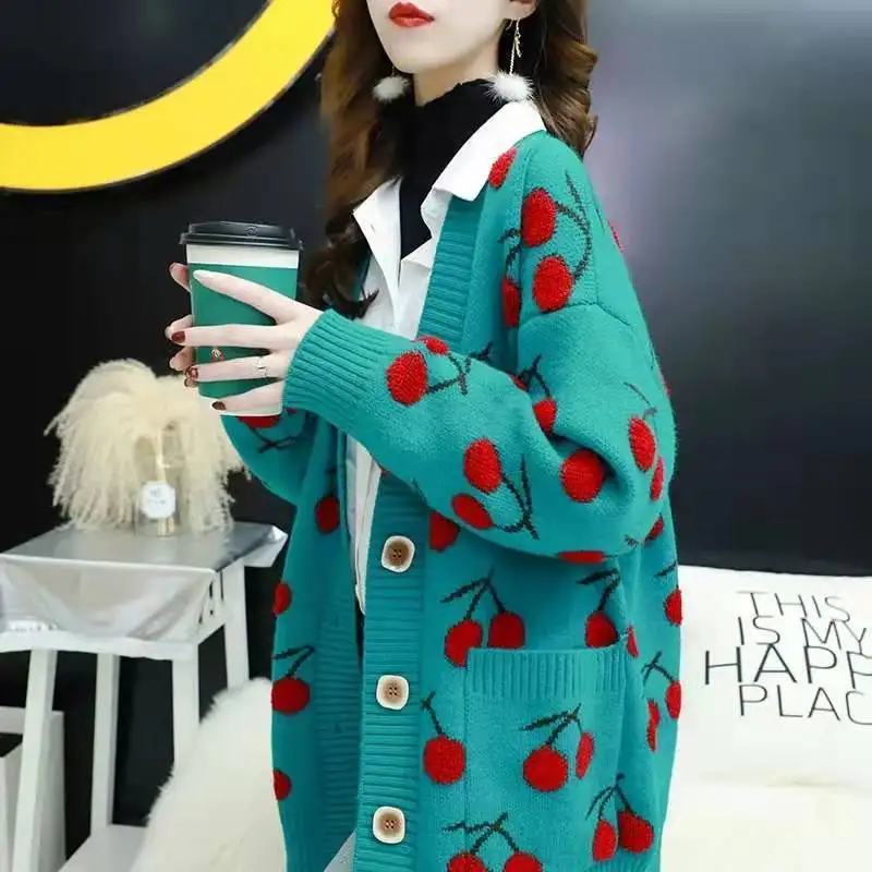 

Women's Casual Cherry Print Long Sleeve Cardigan Spring Autumn Sweet V Neck Loose Sweater Jacket Lady Chic Knitting Outwear Top