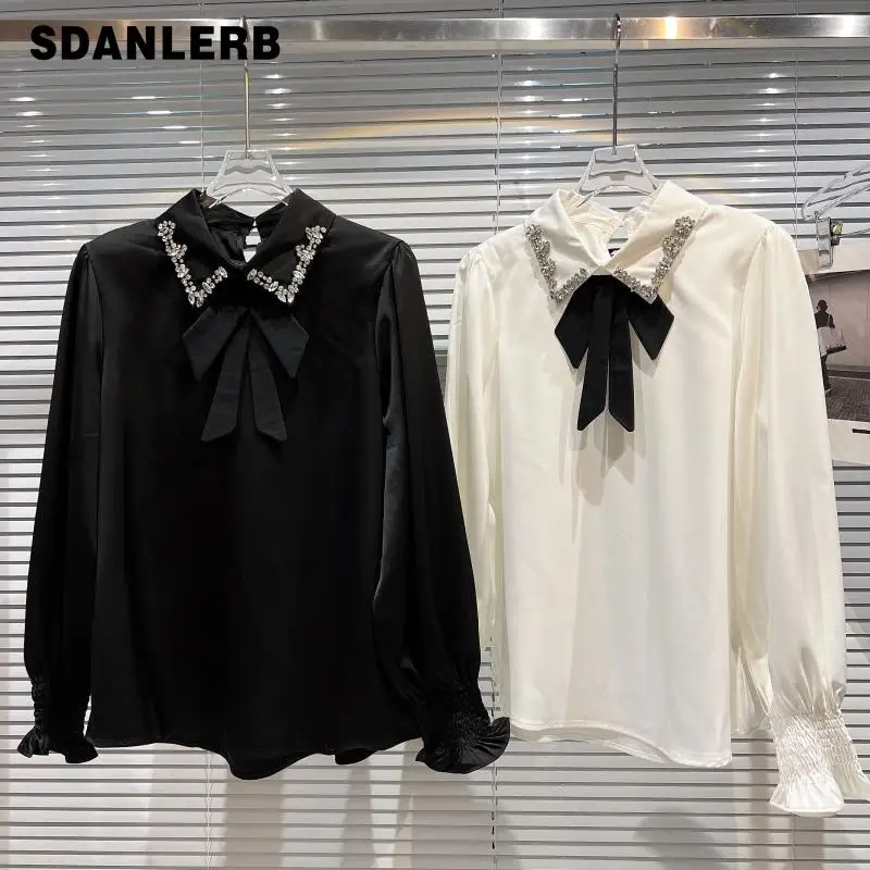 

Blusas Mujer 2022 Spring New Bow Tie Particle Rhinestone Collar Mercerized Cotton Bottoming Shirt Loose Long Sleeve Blouse
