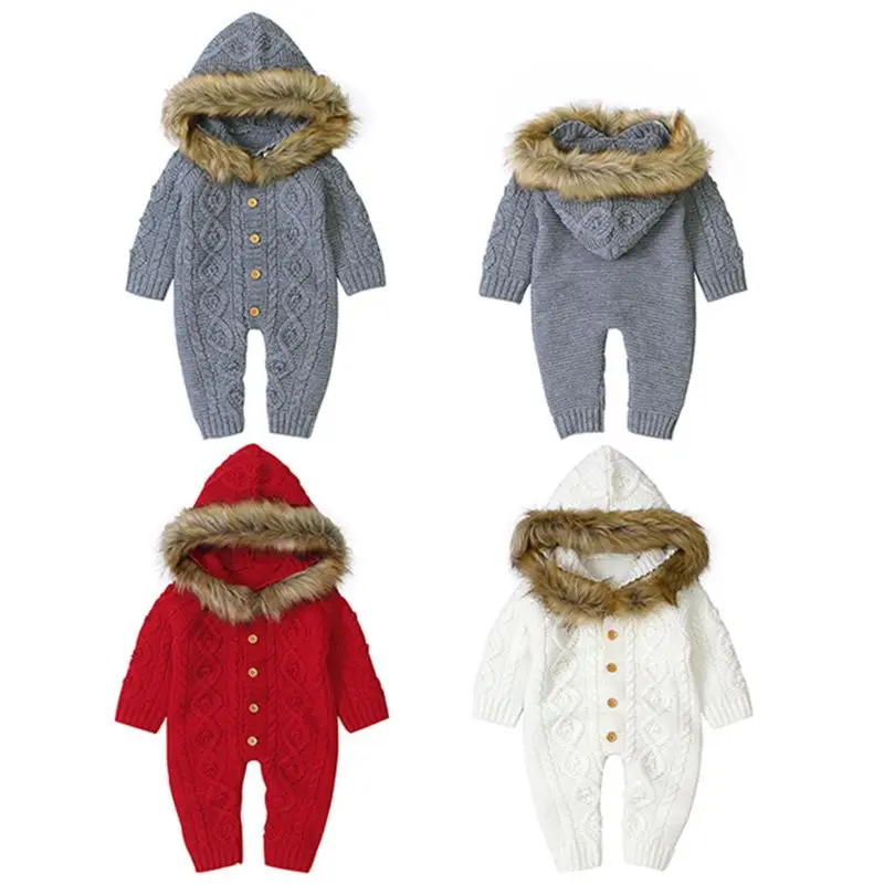 

Детский вязаный комбинезон с меховым воротником и капюшоном, комбинезон, наряд, свитер с длинным рукавом для младенцев