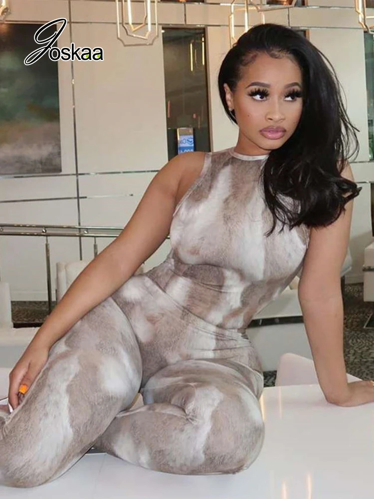 

Joskaa Tie Dye Print Jumpsuit 2021 Women Jumpsuits Sexy Skinny Bodycon Sleevess Backless One Piece Line Up Outfits playsuit