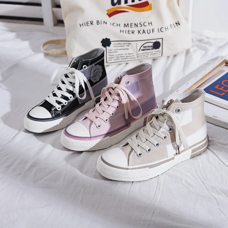 Spring 2023 New Women's Canvas Shoes High Top Fashion Trendy Plaid Patchwork Casual Shoes Female Student Korean Version Sneakers
