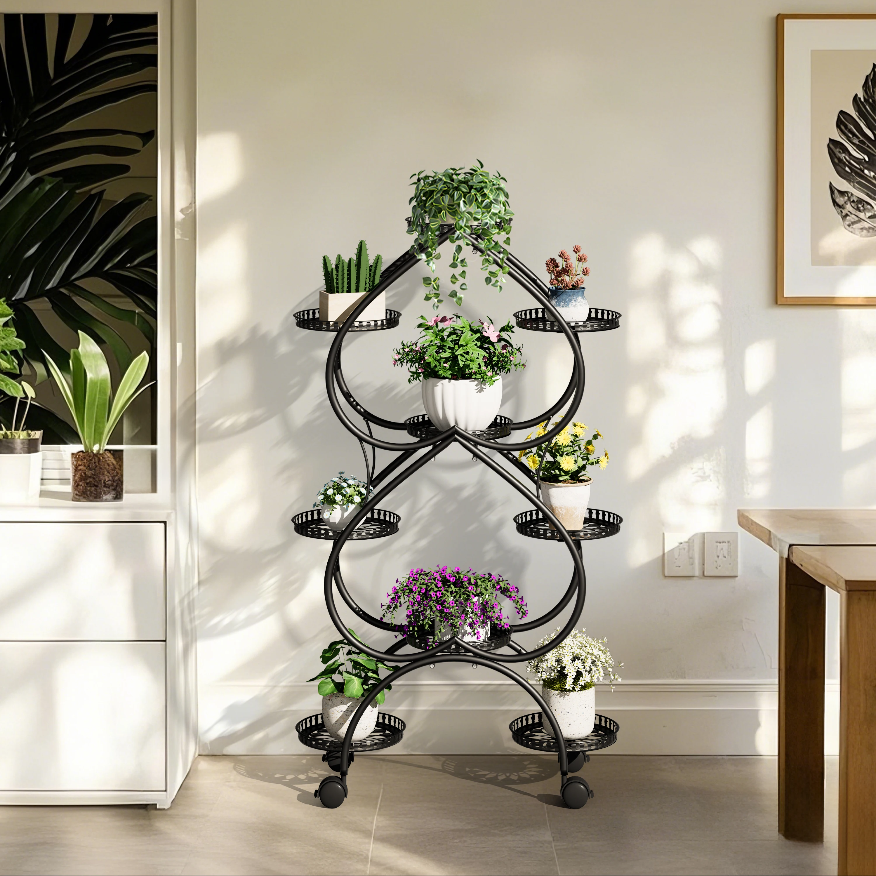 Фото Подставка-стеллаж Plan Stand Rack на 9 поддонов, черная, для цветочных горшков, с колесиками, для улицы №4