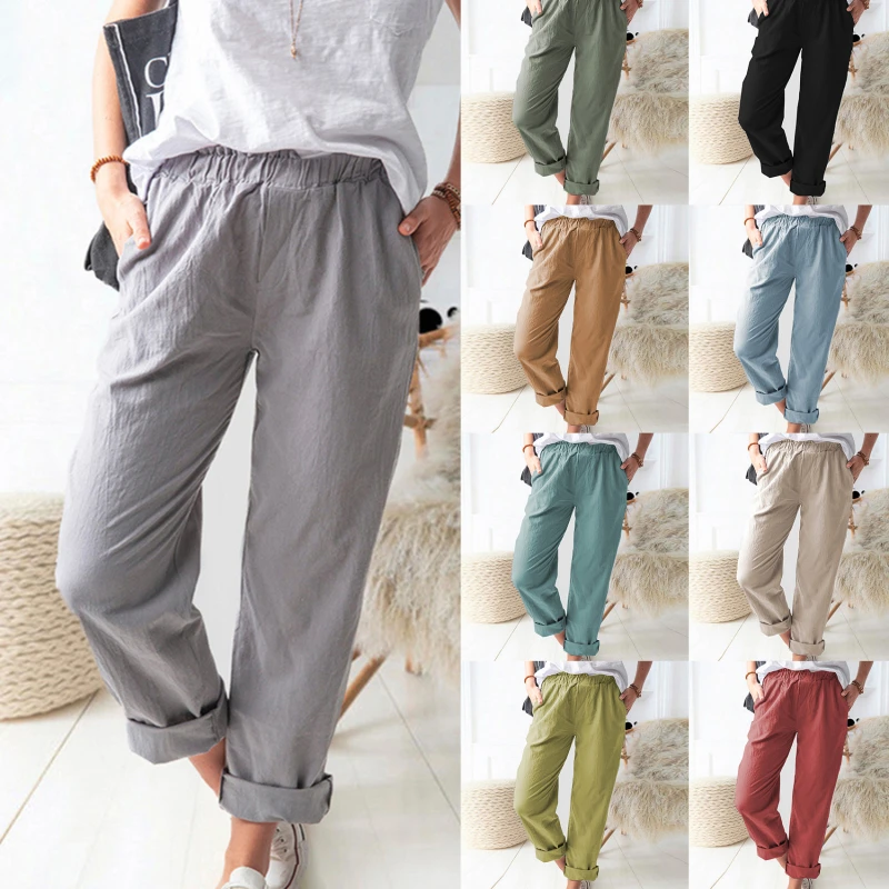 

Women Elastic Waist Ankle Pants Casual Cotton Linen Pants Loose Capri Harem Trousers Female Summer Autumn Pant
