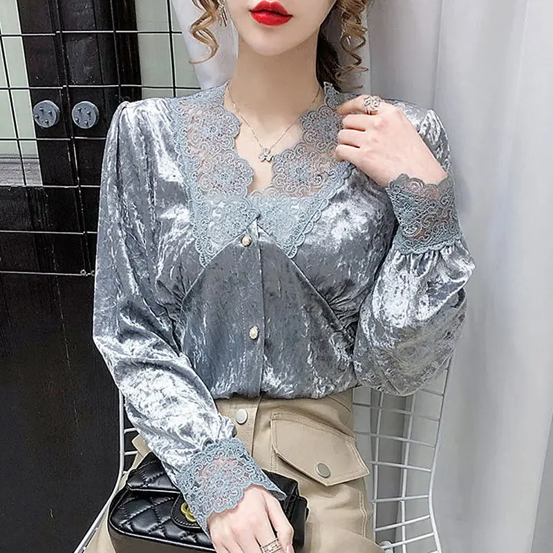 

Женская Золотая Бархатная футболка, рубашка, Женская Осенняя бархатная свободная теплая Блузка с V-образным вырезом, топ G413