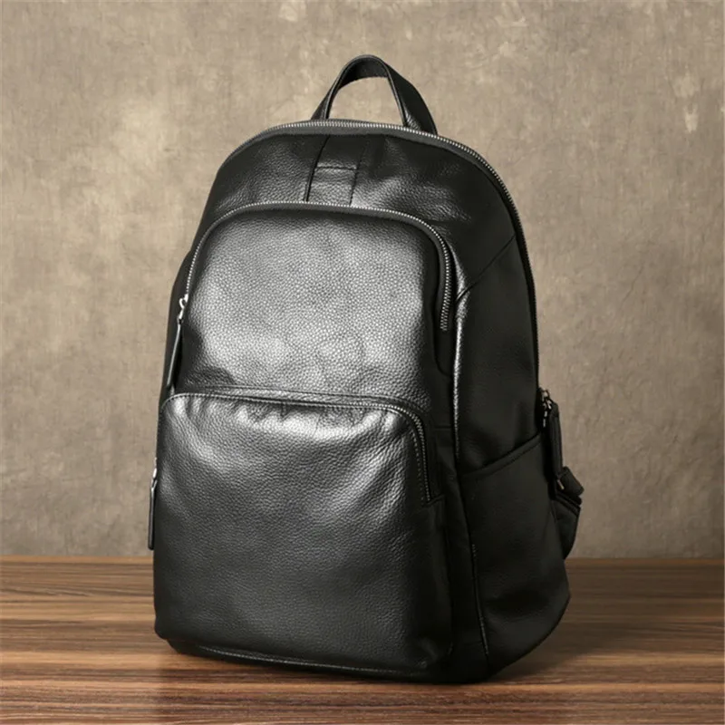 Fashion casual genuine leather men's black backpack business handmade travel simple natural real cowhide women's laptop bookbag