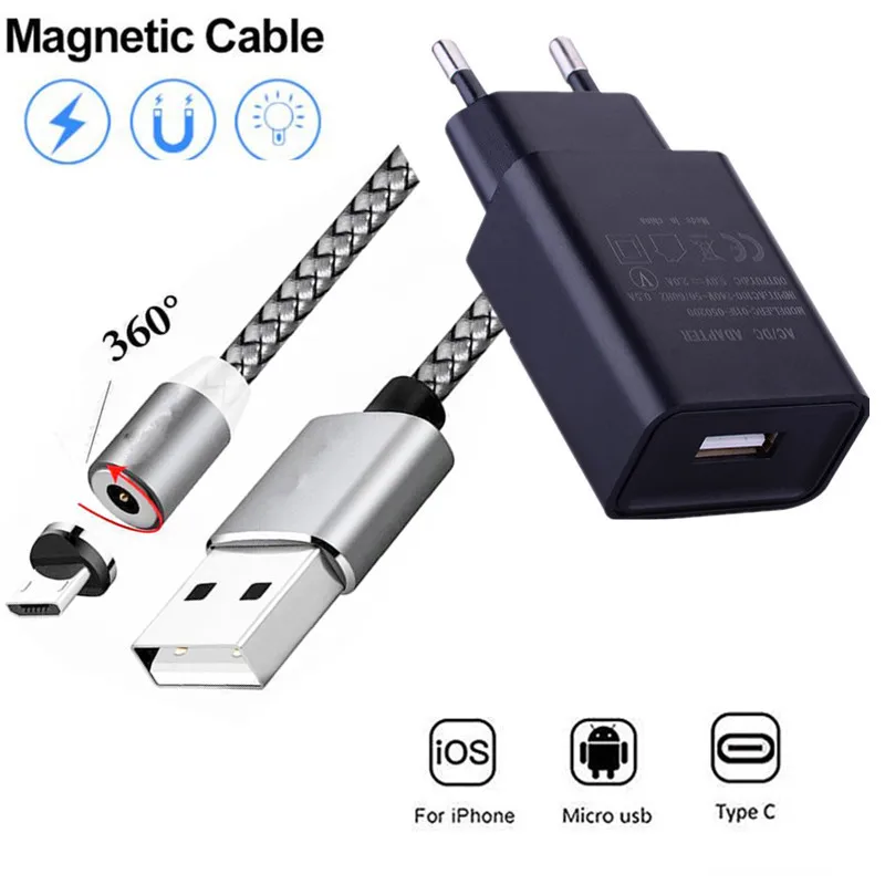 Magnetic Micro USB Cable Wall Charger For iPhone 7 8 Samsung S7 Huawei Honor 9C 9A 10i 9Lite For HTC Sony LG Phone Adapter Cord