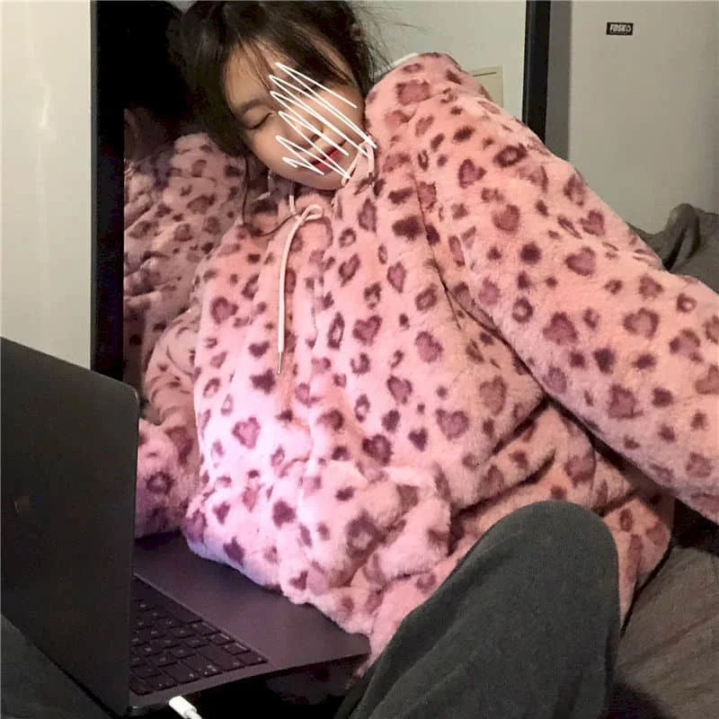 Plus Lamb Wool Coat Women Winter Pink Leopard Print Thick Coat Korean Version Loose Velvet Thick Retro Bright Color Street Coat