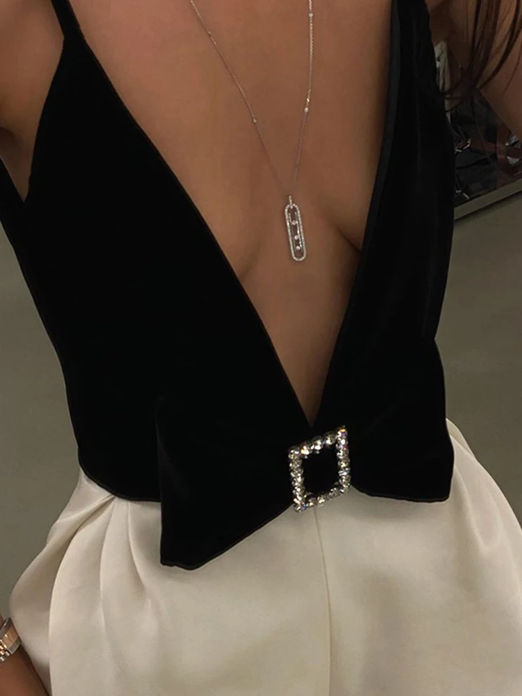 

Deep V-Neck Camisole Women Velvet Bow Rhinestone Button Design Bandage Wild Tank Top Stretch Elegant Sexy Party Vest 2022 Summer