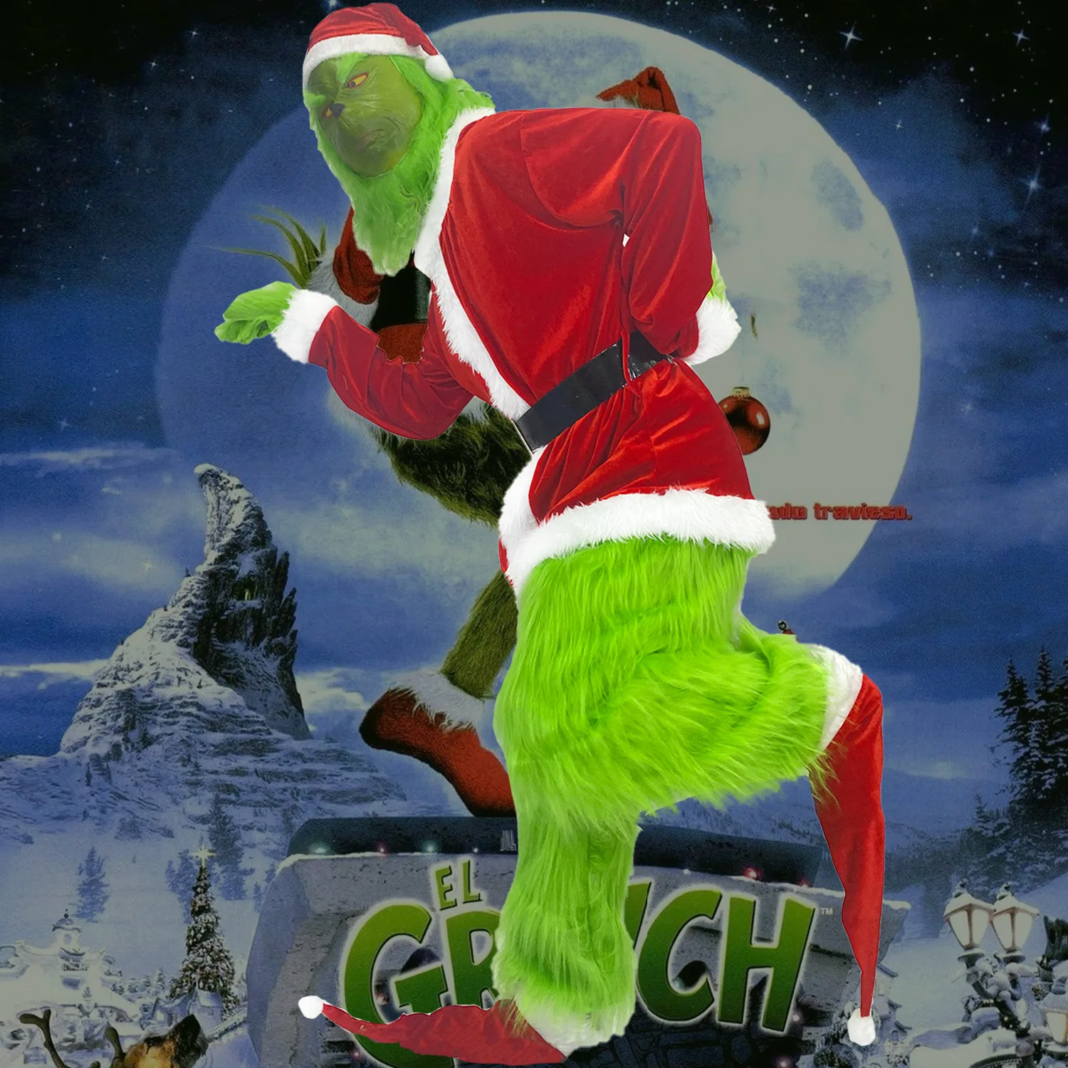 

Christmas Geek Thief Green Fur Monster Santa Claus Costume Set Suit Props Belt Gloves Mask Hat Christmas Explosion Party Costume
