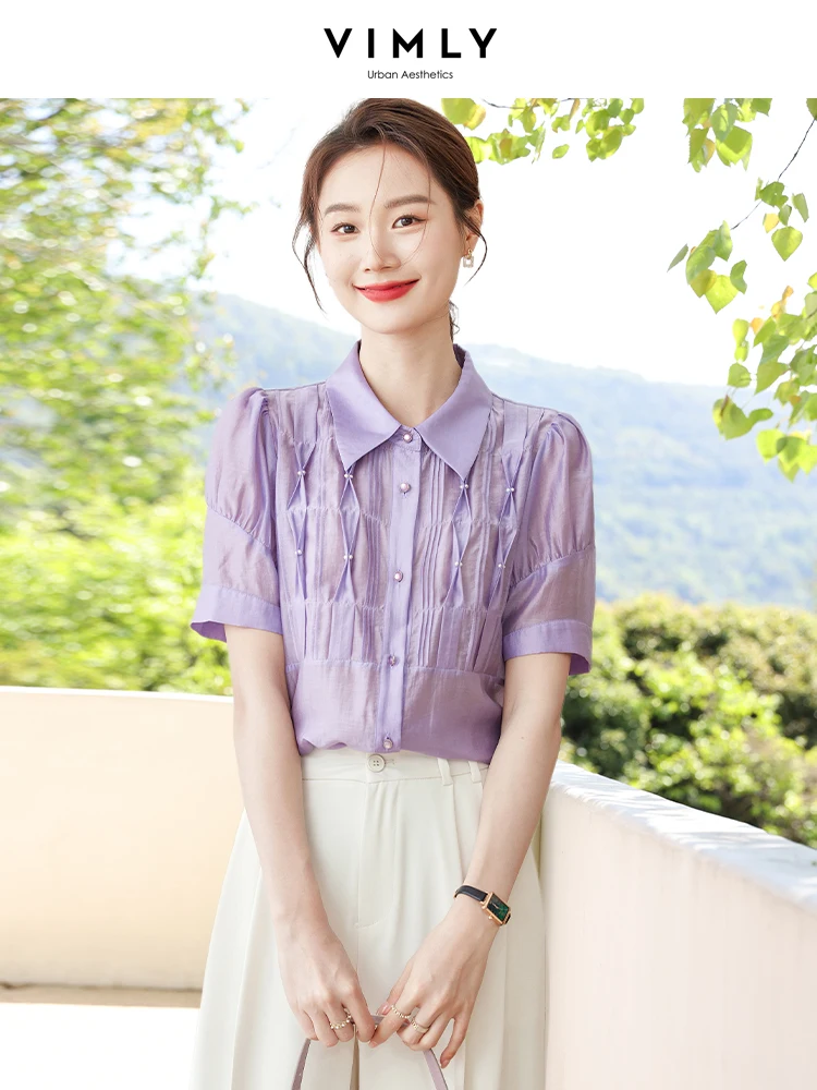 

Vimly Puff Sleeve Summer Women's Shirts 2023 Fashion Turn-down Collar Folds Short Sleeve Straight Button Casual Shirt Tops M1901