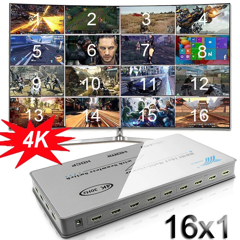 

4K 16x1 HDMI Quad Multi-viewer 16 In 1 Out Seamless Switch 1080p 60hz Multiviewer Picture Screen Divider for PS4 Game PC To TV
