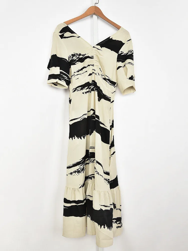 

Women Vintage Print V-Neck Midi Dress 2022 New Puff Sleeve Female Backless Long Robes for Summer