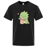 green little dinosaur with bubble tea t shirts man casual cotton t shirt summer breathable clothing casual loose mens t shirts
