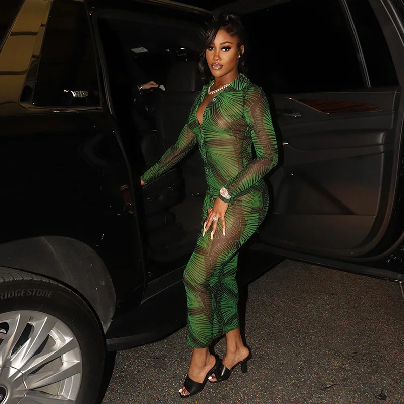 

Женское Прозрачное платье макси, Элегантное однобортное платье с отложным воротником и длинным рукавом, привлекательное облегающее платье...