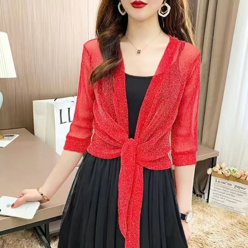 

Fashion Short Jacket Half Sleeve See-Through Loose Fit Summer Lace Short Jacket Sunscreen Coat Blusas Mujer Women Tops