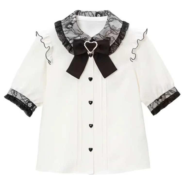 

Harajuku Kawaii Peter Pan Collar Bow Shirts for Women Summer E-Girl Puff Sleeve Lace Blouses Y2k Aesthetics Lolita Blusas Mujer