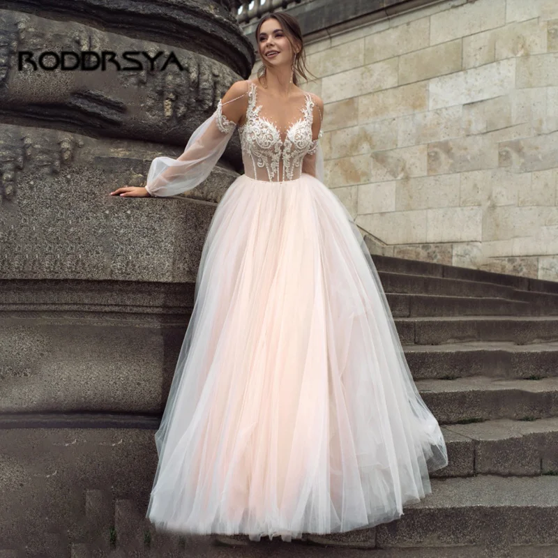 

Nude Puff Sleeve Princess Wedding Dress Lace Appliques Bridal GownsSoft Tulle vestido de noiva 2022