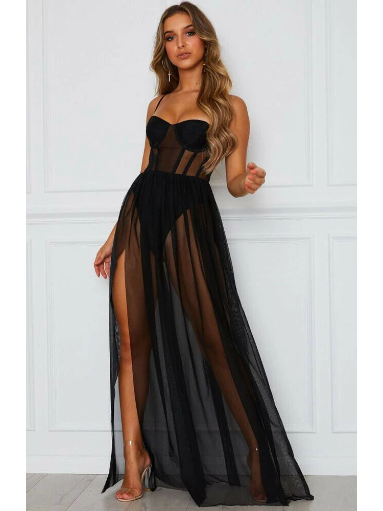 

2023 Sexy Women Boho Retro See-through Bodycon Spaghetti Strap Long Dress Elastic High Waist Party Summer Beach Bodysuit Dresses