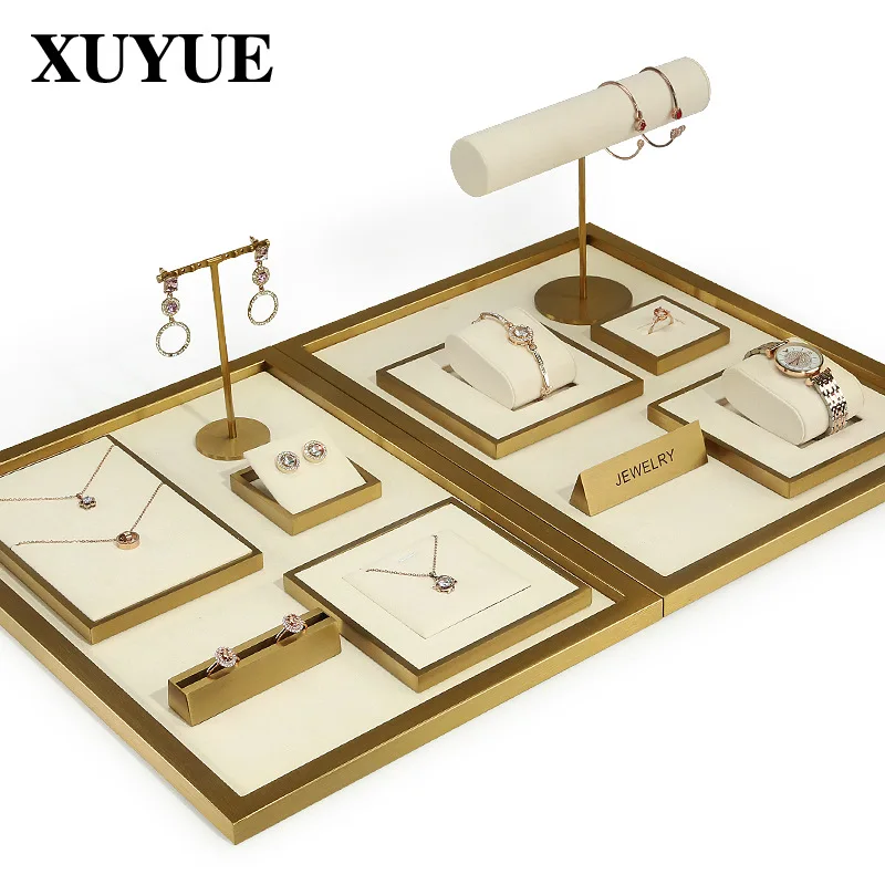 Metal Beige Microfiber Jewelry Display Props Set Necklace Ring Jewelry Storage Display Counter Display