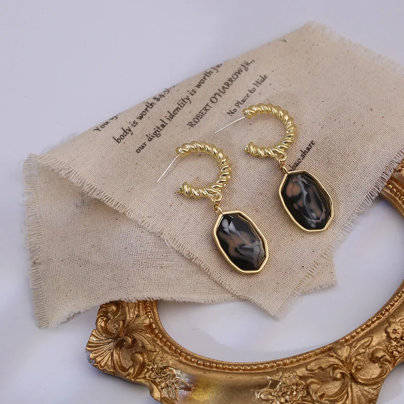 

S925 Silver Pin French Style Copper Metal Black Resin DIY Personality Drop Earrings DIY Fashion Ear Jewelry