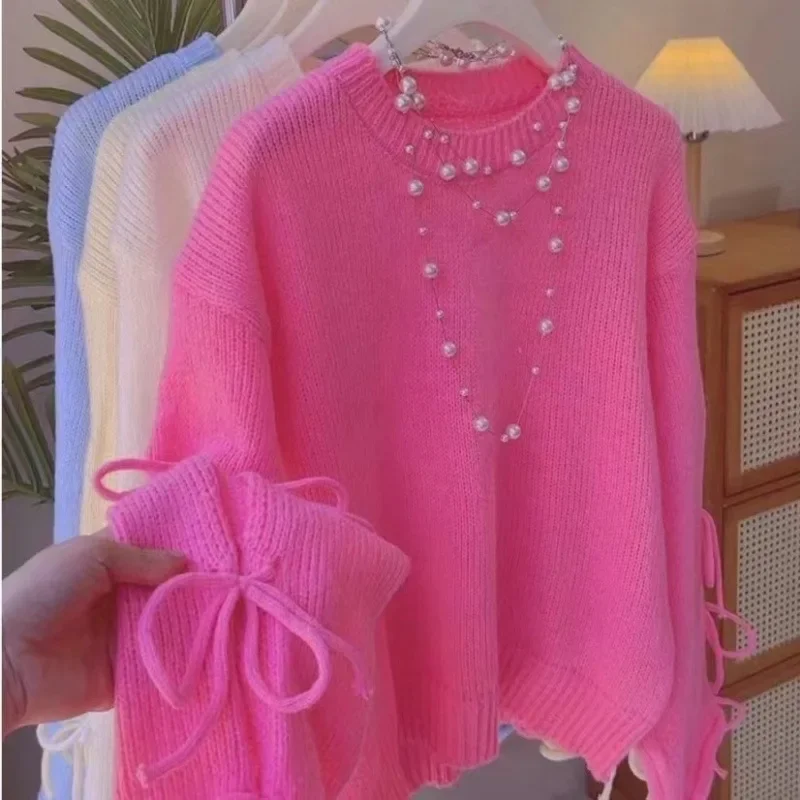 Осенний однотонный вязаный топ ярких цветов с бантом и круглым вырезом женский