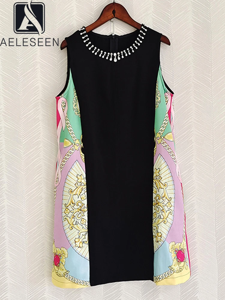 

AELESEEN Designer Fashion 2022 Summer Vintage Dress Women Sleeveless Black Printed Patchwork Beading Diamonds Elegant Loose