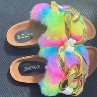 rainbow plush slippers fashion open toe women indoor sandals metal chain outdoor casual womens shoes fur home slippers flats