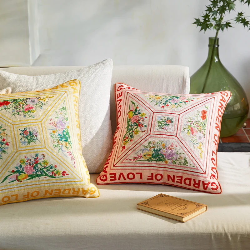 Retro Room French Garden Style Flora Print Patio Cushion Cover Decorative Pillow Case Art Home Joyful Red Yellow Color Decor