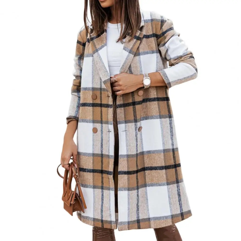 

Women Autumn Coat Retro Plaid Print Contrast Color Casual Retro Double-breasted Keep Warm Button Cardigan Coat Winter Overcoat