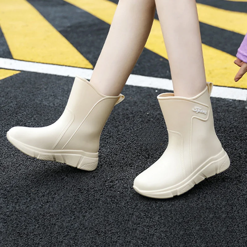 Spring Fashion Rain Boots Women Mid-tube Thick Bottom PVC Non-Slip Wear-Resistant Waterproof Outdoor Car Wash Water Shoes Women