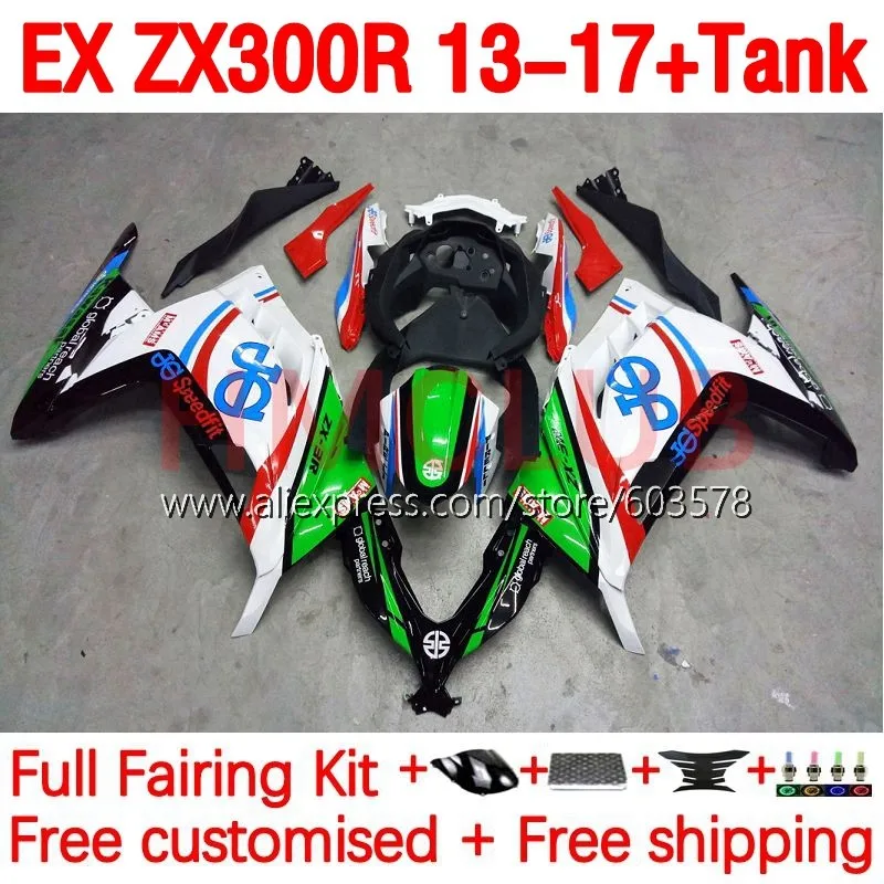 

+Tank For KAWASAKI NINJA ZX-3R ZX 300R EX300 ZX3R ZX300R 13 14 15 16 17 2013 2014 2015 2016 2017 Fairings 202No.157 green white