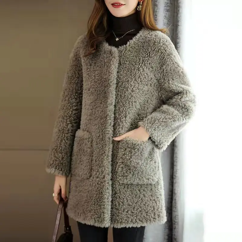 2022 Winter Pellet Sheep Faux Fur  Shearing Cashmere Coat Fur Coat Midi Long Lamb Fur One Woman Luxury Elegant Lady Clothes